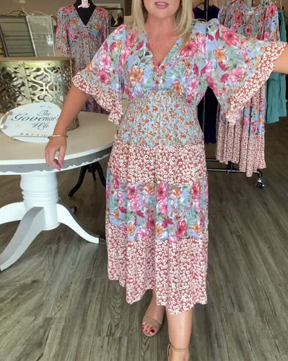 V-Ausschnitt Lotus Ärmel Blumen Kleid