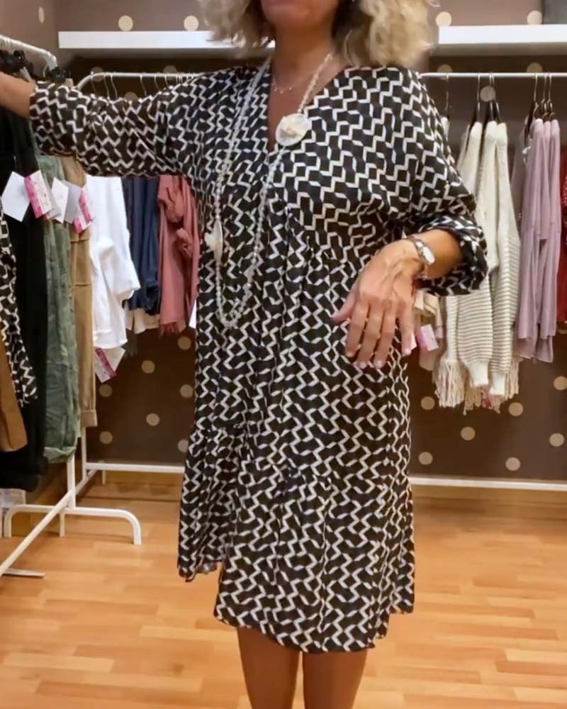 Geometrischer Druck V-Ausschnitt Freizeitkleid