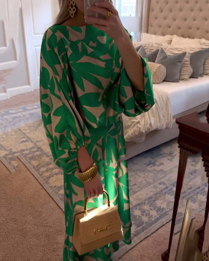 Temperament Gedruckte Laternenärmel Freizeitkleid Set