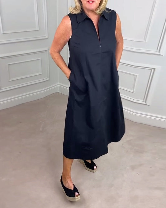 Einfarbiges ärmelloses Revers Freizeitkleid