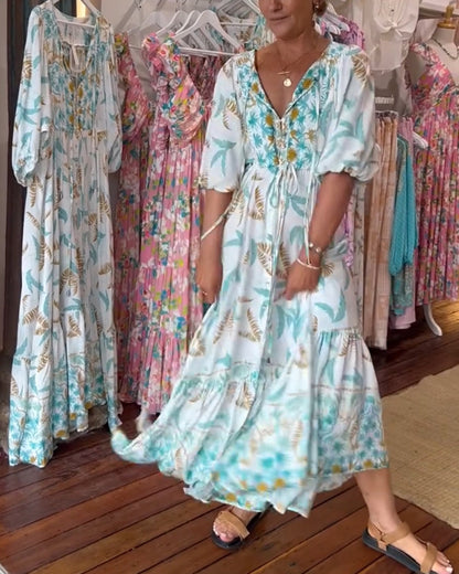 Damen Maxikleid mit V-Ausschnitt und Blattdruck