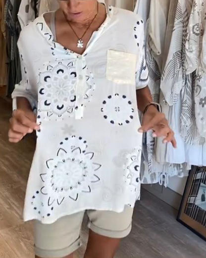 Vielseitige V-Ausschnitt Bedruckte Bluse mit Halben Ärmeln