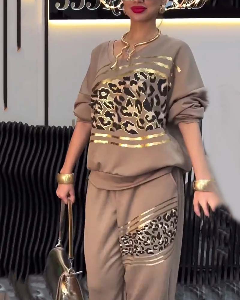 Leopard-Print Freizeit-Sweatshirt-Set