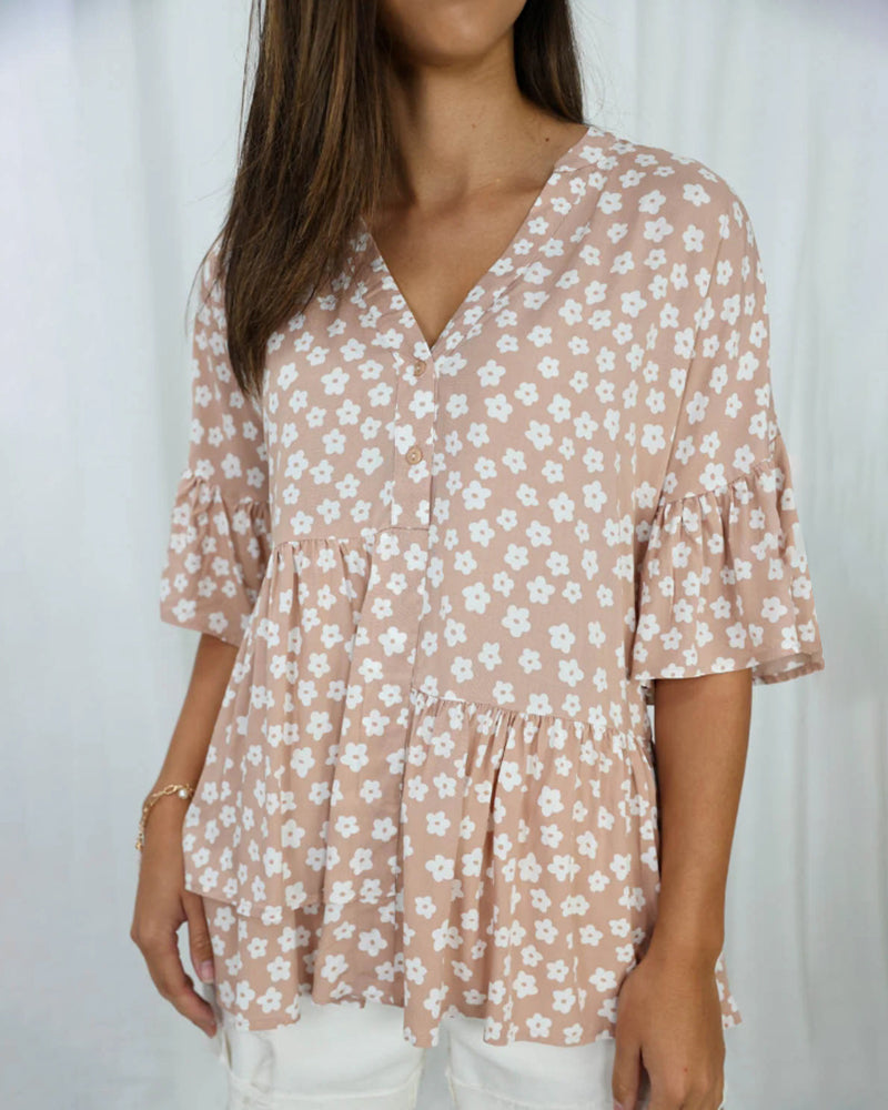 Bluse mit V-Ausschnitt und Trompetenärmeln im Blumenmuster