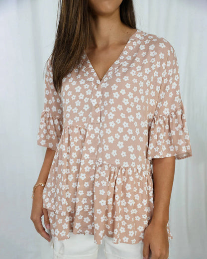 Bluse mit V-Ausschnitt und Trompetenärmeln im Blumenmuster