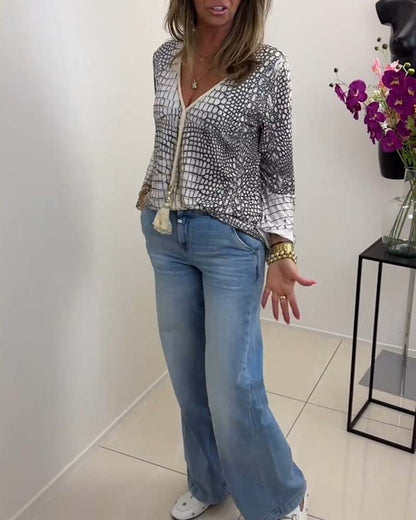 Gemusterte Lanyard-Bluse mit langen Ärmeln