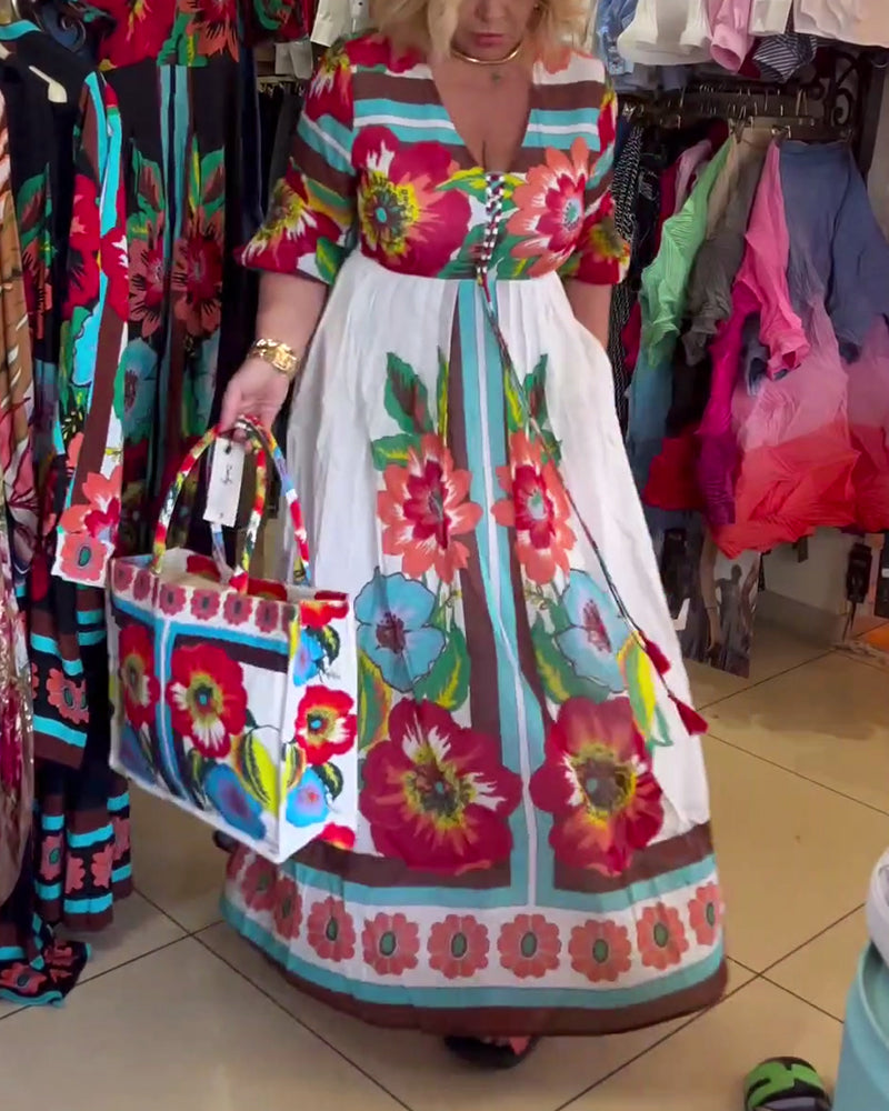 Tiefes V lockeres lässiges Blumenkleid