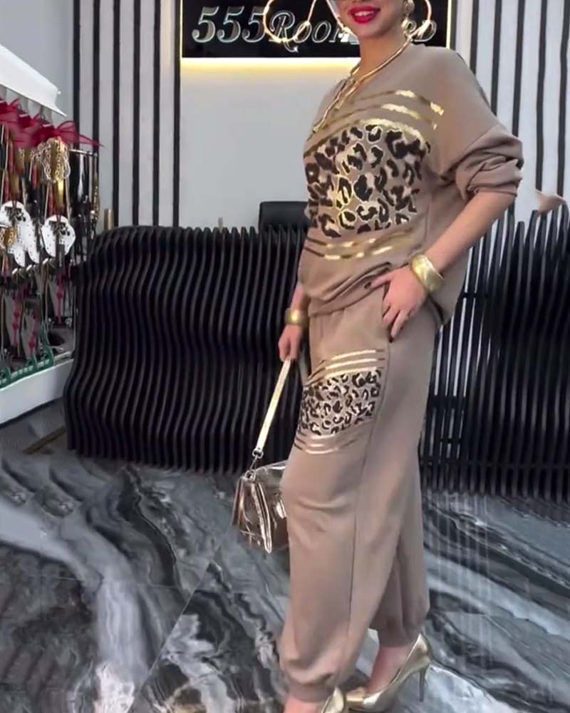 Leopard-Print Freizeit-Sweatshirt-Set