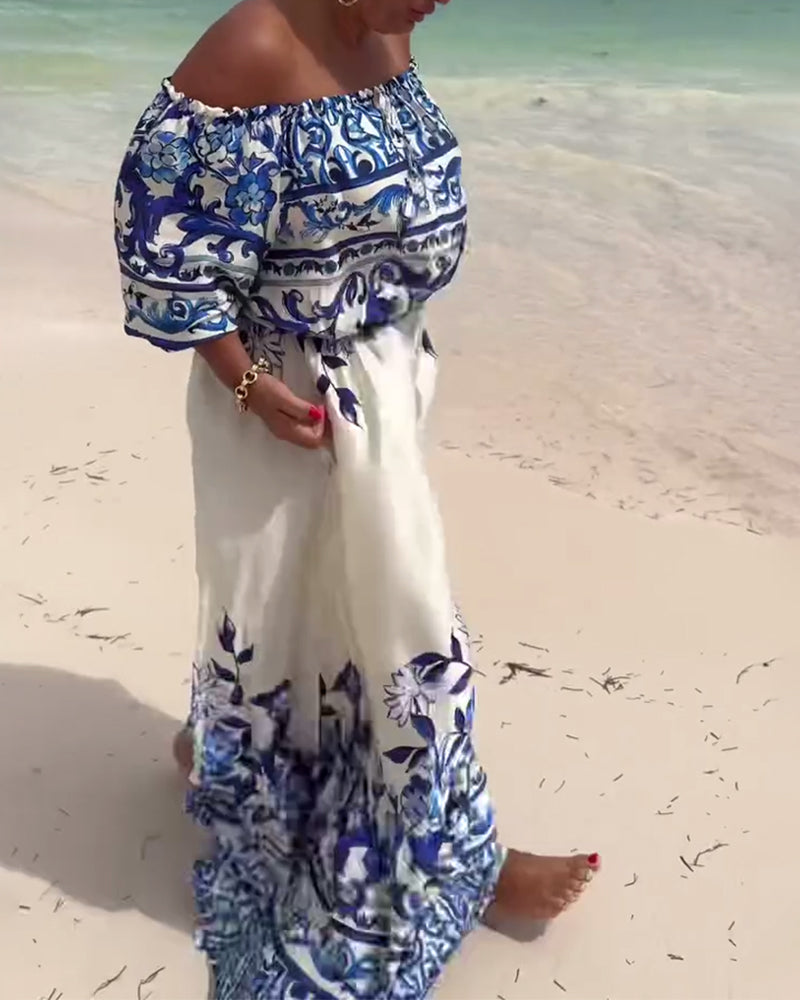 Off-Shoulder Gedrucktes Resort Kleid