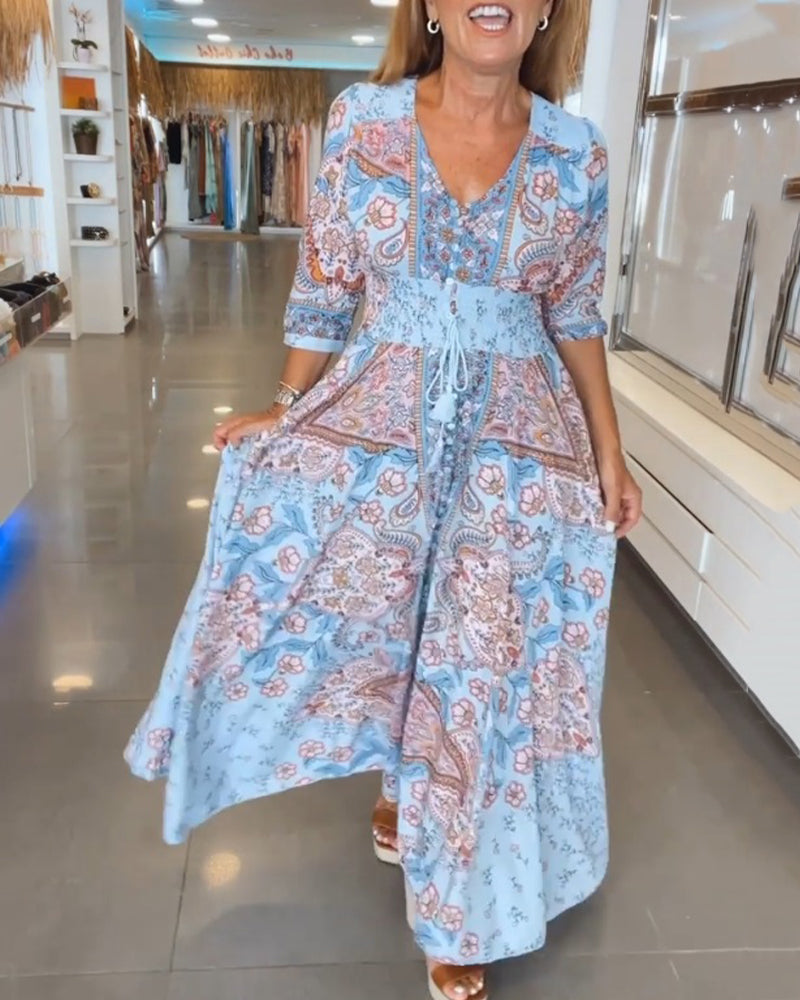 V-Ausschnitt 3/4 Ärmel Urlaubskleid