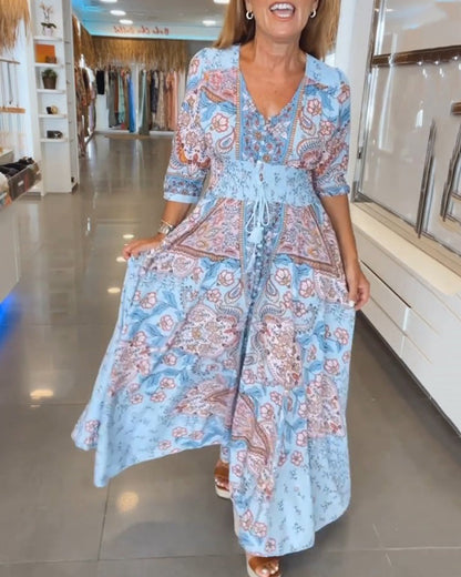 V-Ausschnitt 3/4 Ärmel Urlaubskleid