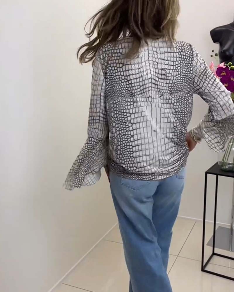 Gemusterte Lanyard-Bluse mit langen Ärmeln