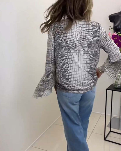 Gemusterte Lanyard-Bluse mit langen Ärmeln