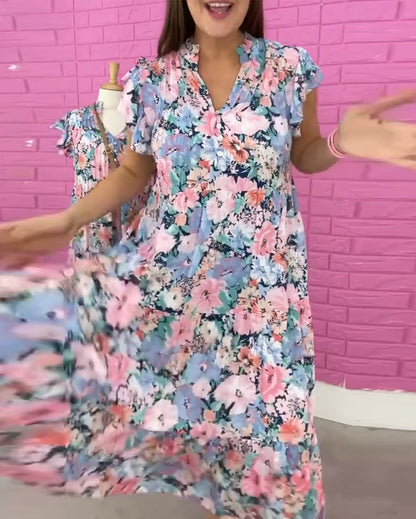 Blumenmuster V-Ausschnitt lässiges kurzes Kleid