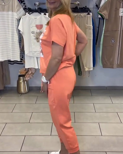 Lässiges bedrucktes Cropped-Hosen-Set