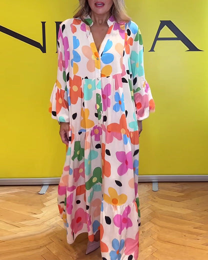 Buntes Blumenmuster Glockenärmel Freizeitkleid