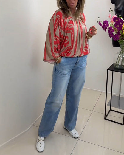 Bedrucktes, lässiges Langarmoberteil mit Rundhalsausschnitt