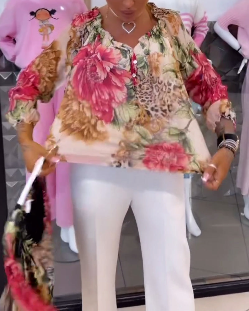 V-Ausschnitt Blumenmuster Bluse