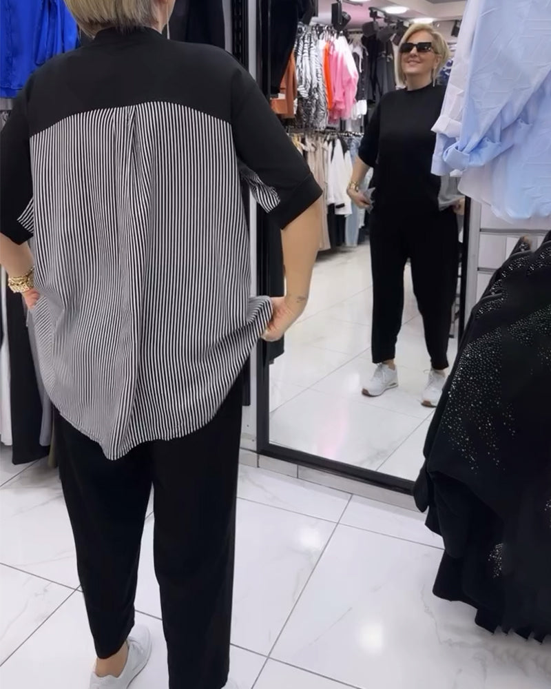 Gestreifte Patchwork-Casual-Bluse