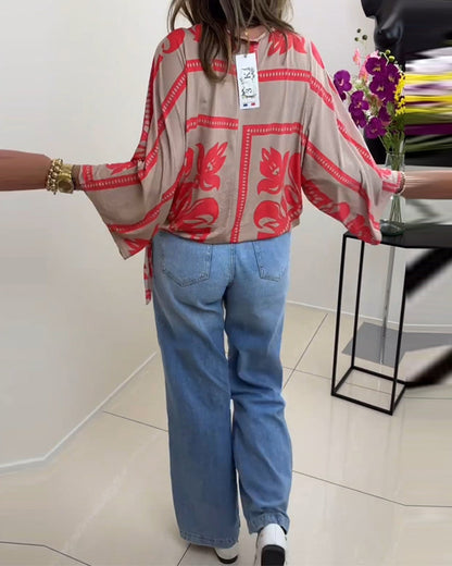 Bedrucktes, lässiges Langarmoberteil mit Rundhalsausschnitt