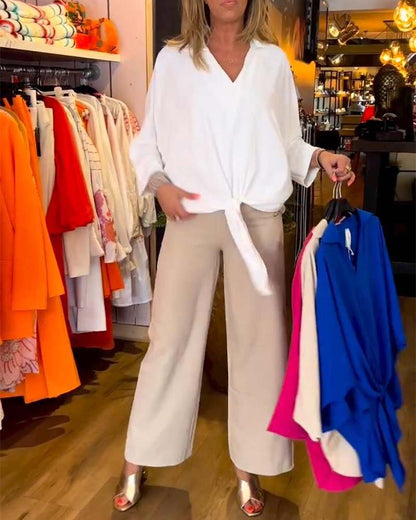 Einfarbige V-Ausschnitt Bluse