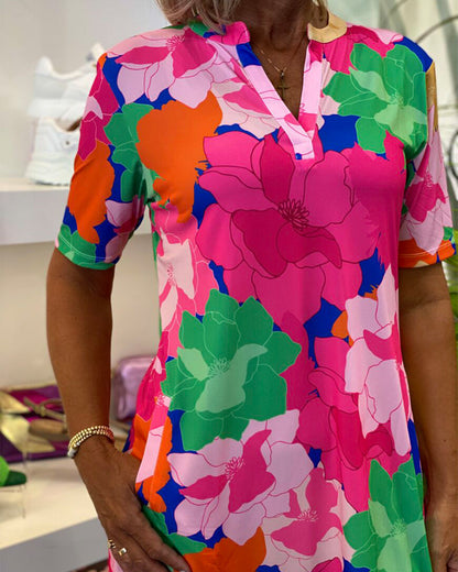 V-Ausschnitt Kurzarm Blumenkleid