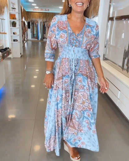 V-Ausschnitt 3/4 Ärmel Urlaubskleid