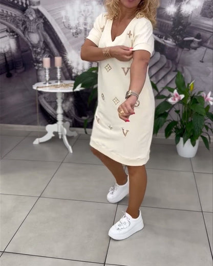 Mode V-Ausschnitt Kurzarmkleid