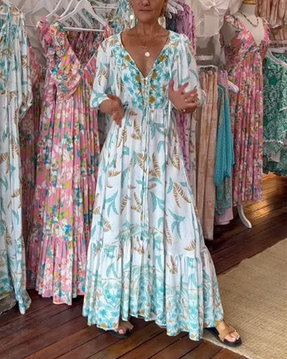 Damen Maxikleid mit V-Ausschnitt und Blattdruck