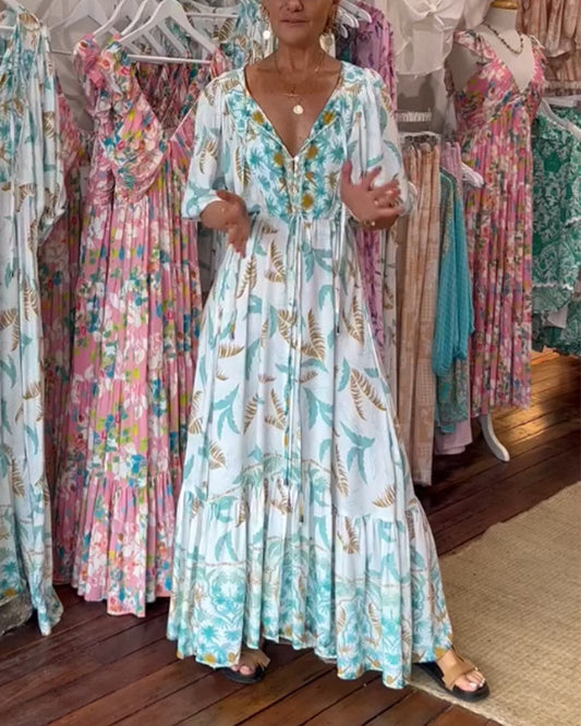 Damen Maxikleid mit V-Ausschnitt und Blattdruck