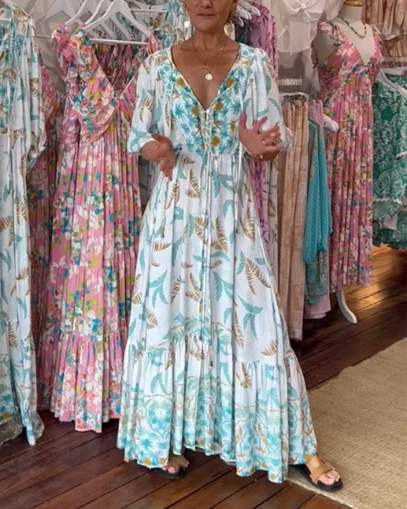 Damen Maxikleid mit V-Ausschnitt und Blattdruck