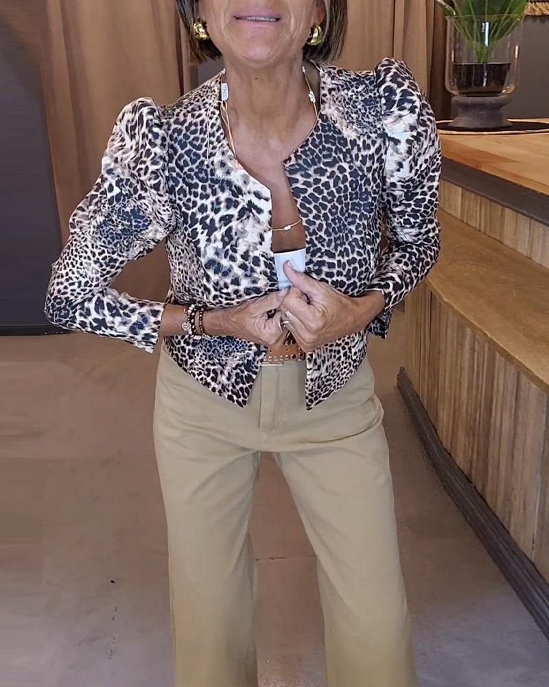 Leopardenmuster Puffärmel Freizeitjacke