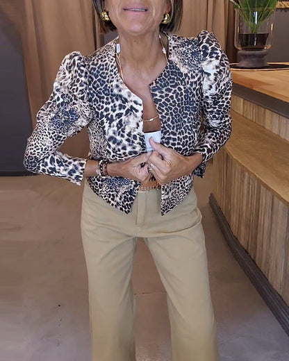 Leopardenmuster Puffärmel Freizeitjacke
