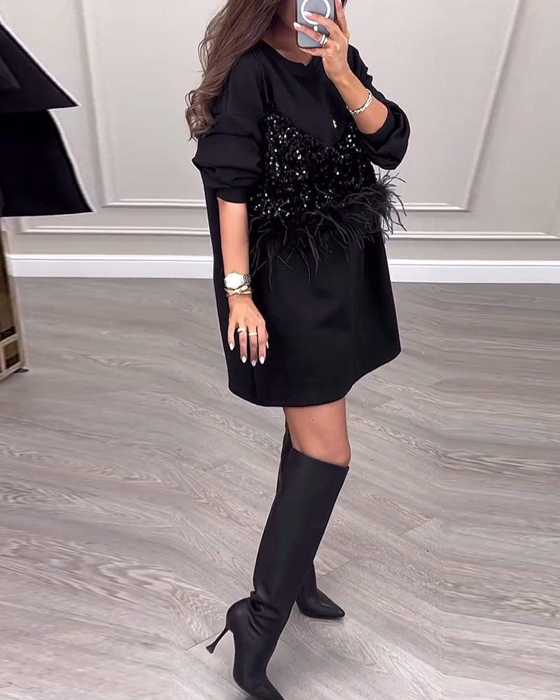 Mode einfarbig Pailletten Feder Patchwork Kleid