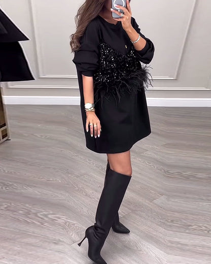 Mode einfarbig Pailletten Feder Patchwork Kleid