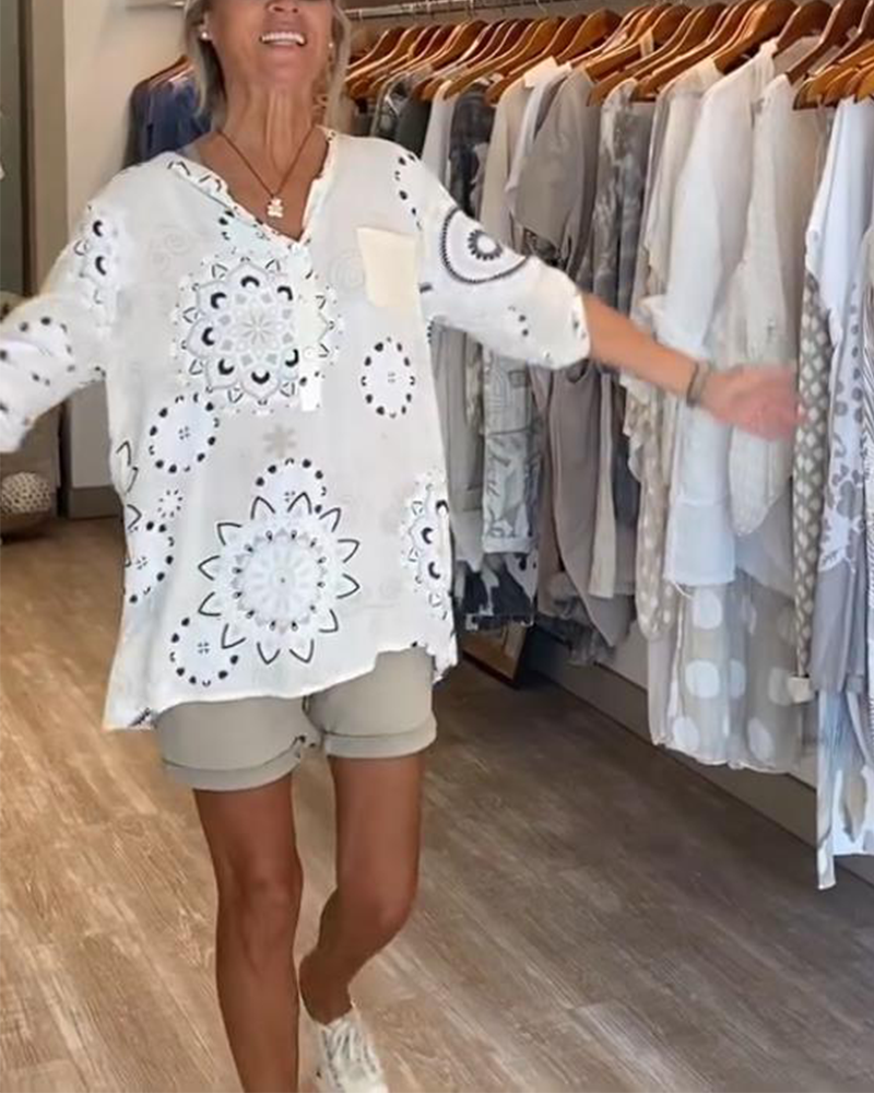 Vielseitige V-Ausschnitt Bedruckte Bluse mit Halben Ärmeln