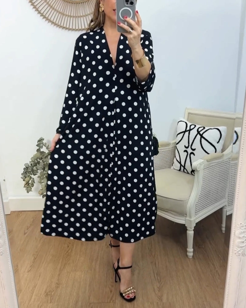 V-Ausschnitt lockeres Polka-Dot Kleid