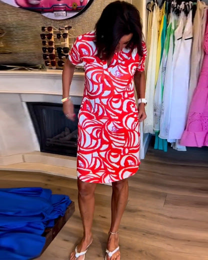 Lässiges Kurzarmbedrucktes Kleid