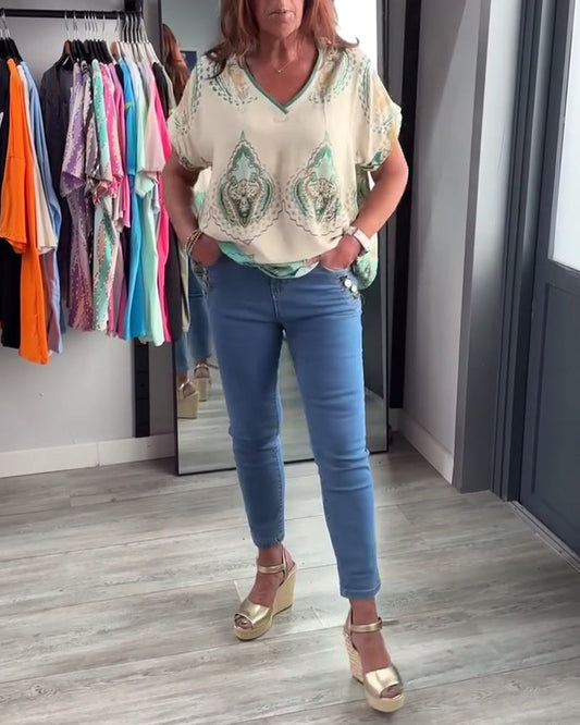 Retro bedrucktes V-Ausschnitt Freizeitoberteil