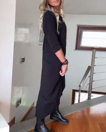 Rundhals gefaltetes einfarbiges elegantes Kleid