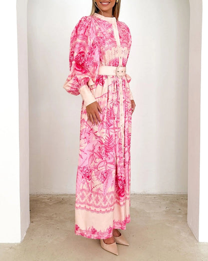 Laternenärmel Knopf Druck Kleid