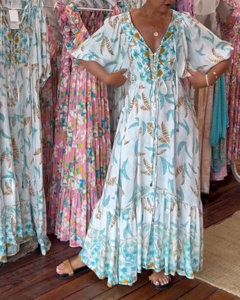 Damen Maxikleid mit V-Ausschnitt und Blattdruck