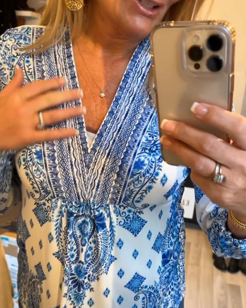 Lässiges V-Ausschnitt bedrucktes Oberteil