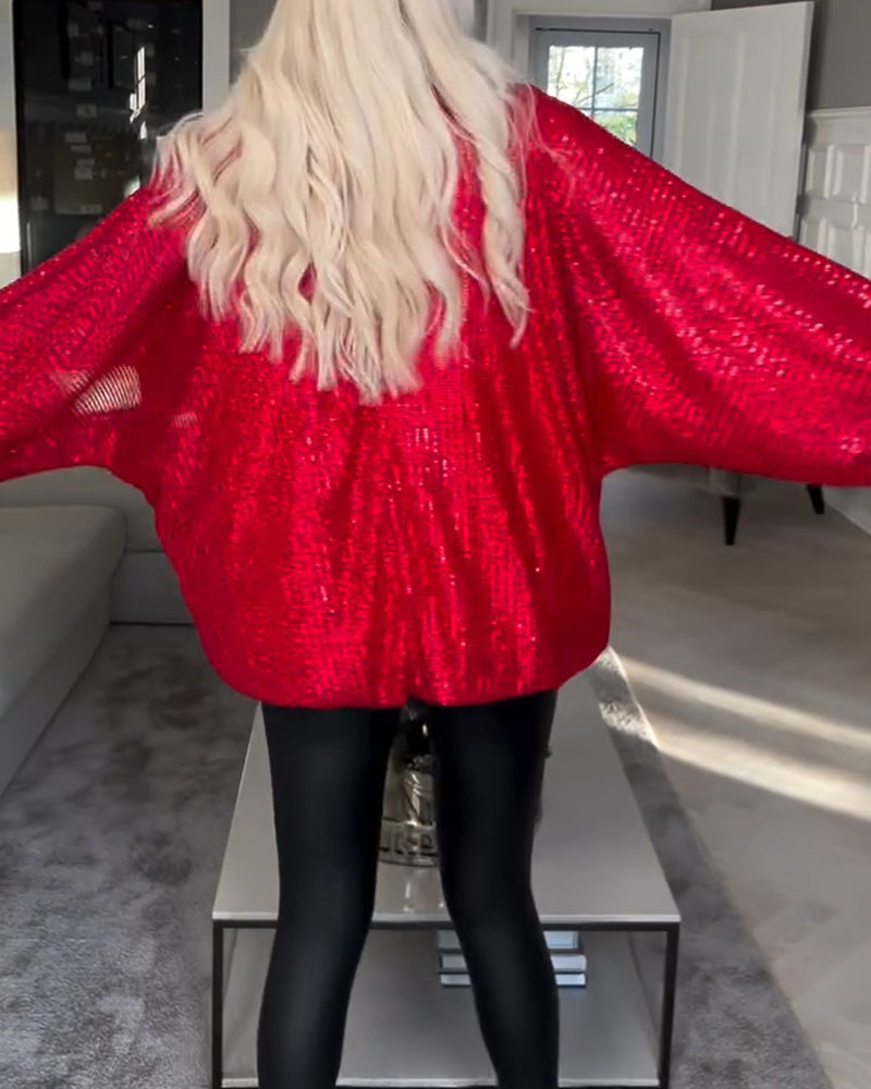 Ballonärmel Rundhals Pailletten-Top