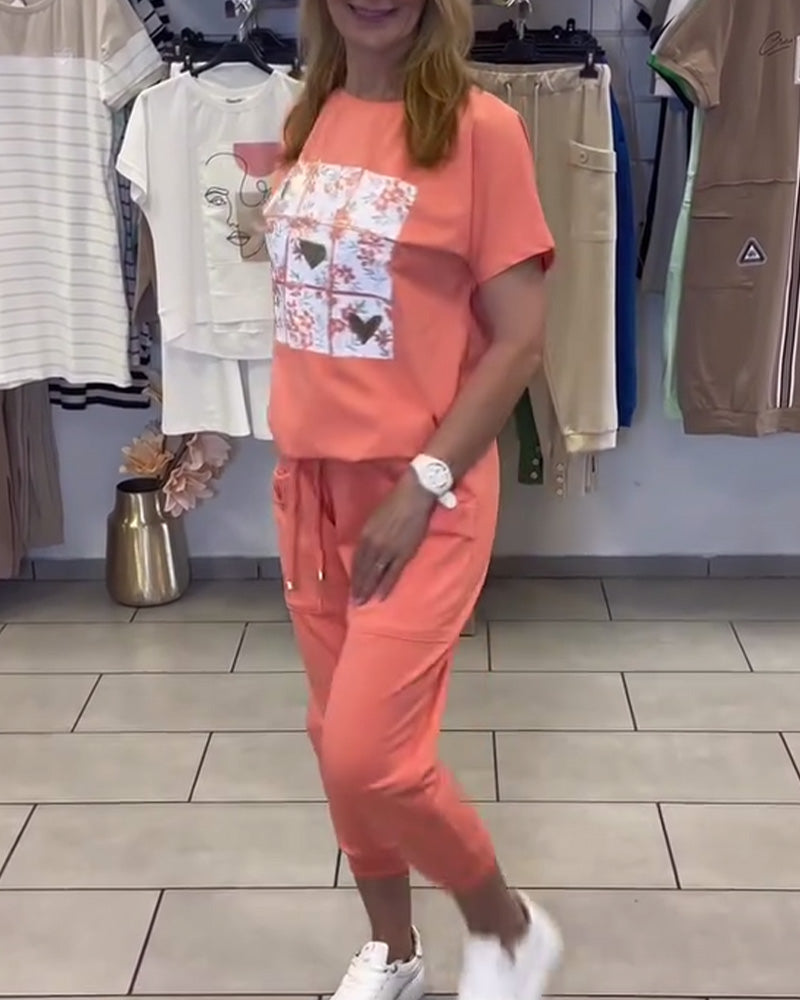 Lässiges bedrucktes Cropped-Hosen-Set