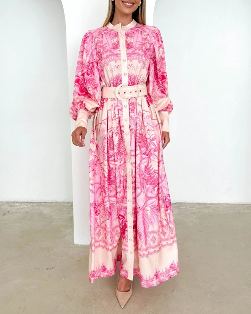 Laternenärmel Knopf Druck Kleid