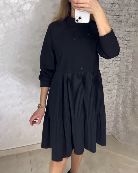 Hochkragen plissiertes einfarbiges Kleid