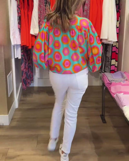 Buntes geometrisches Druckhemd mit Stehkragen