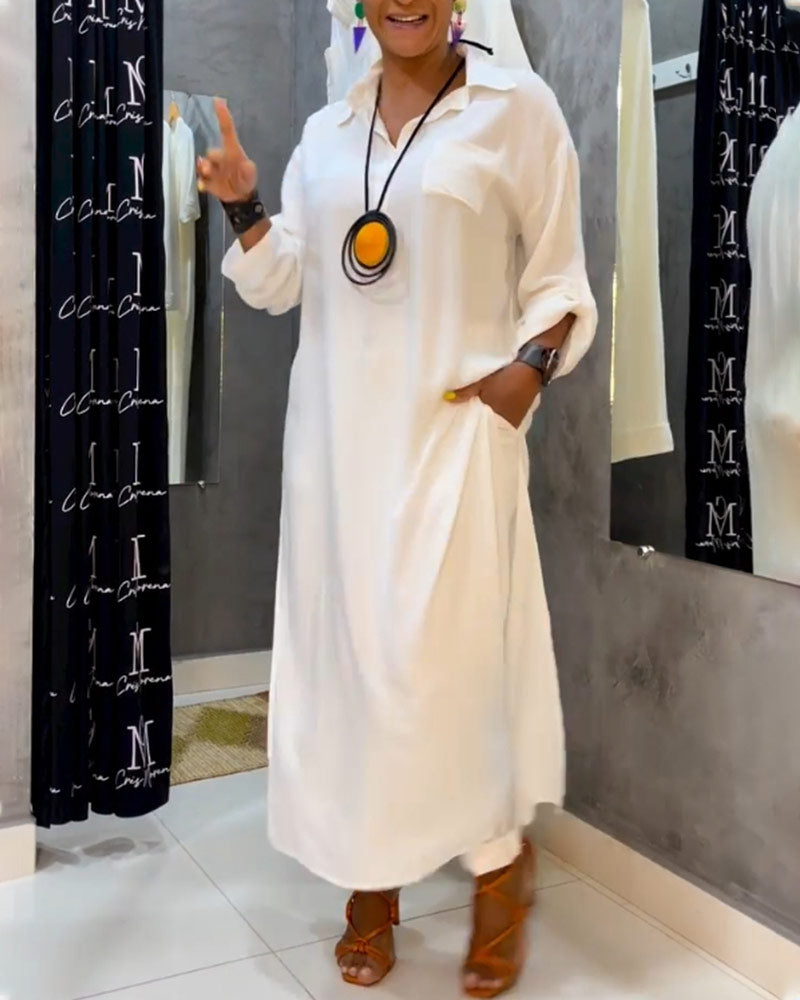 Einfarbiges Revers-Taschenkleid