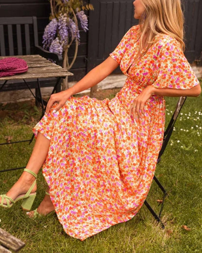 V-Ausschnitt Taillenblumen Kleid